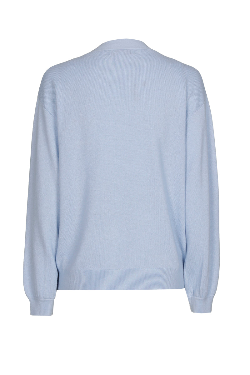 Fine sky blue cashmere-wool sweater with bow collar