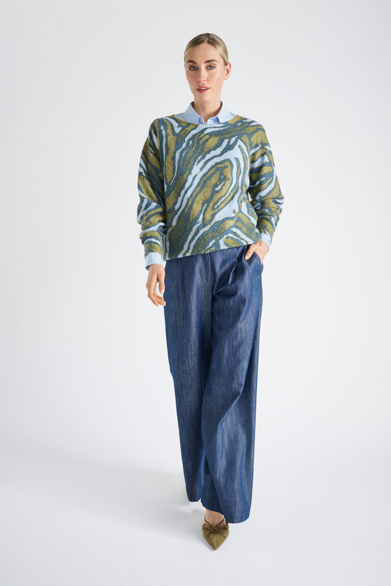 Wol-alpaca trui met blauw grafisch motief