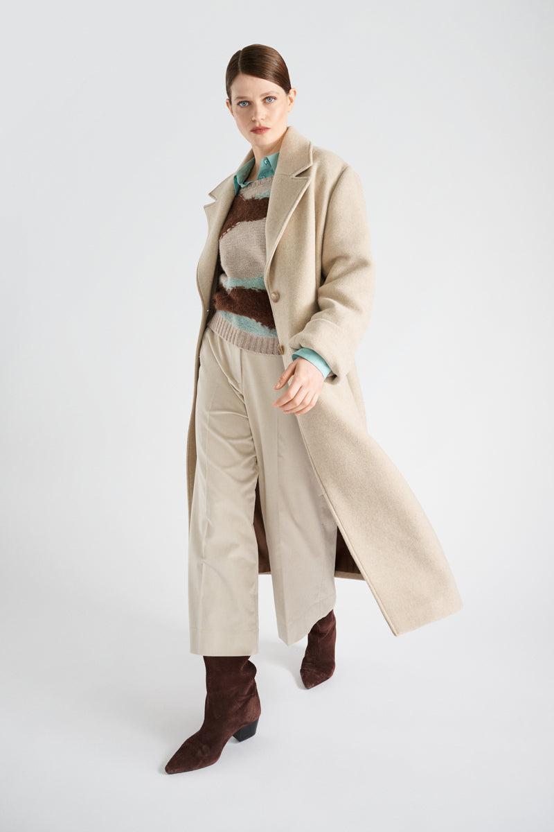Pull graphique ample beige turquoise en alpaga