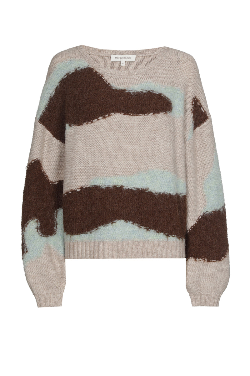 Grafische trui in beige met turquoise en bruin