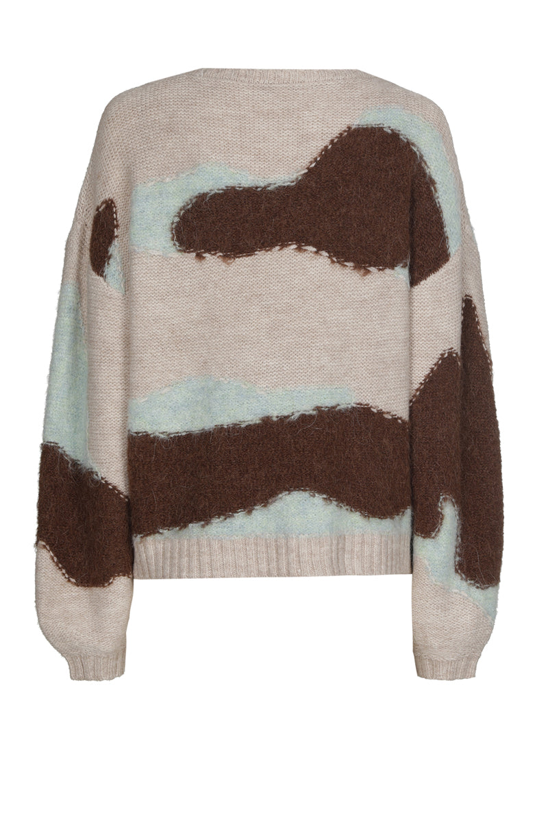 Grafische trui in beige met turquoise en bruin