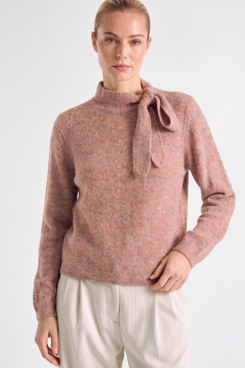 Pull à col écharpe en laine rose chiné