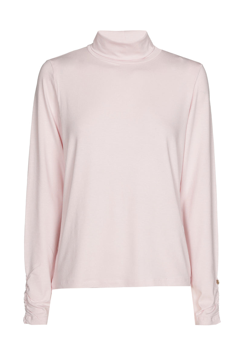 Sous-pull col roulé manche froncée rose