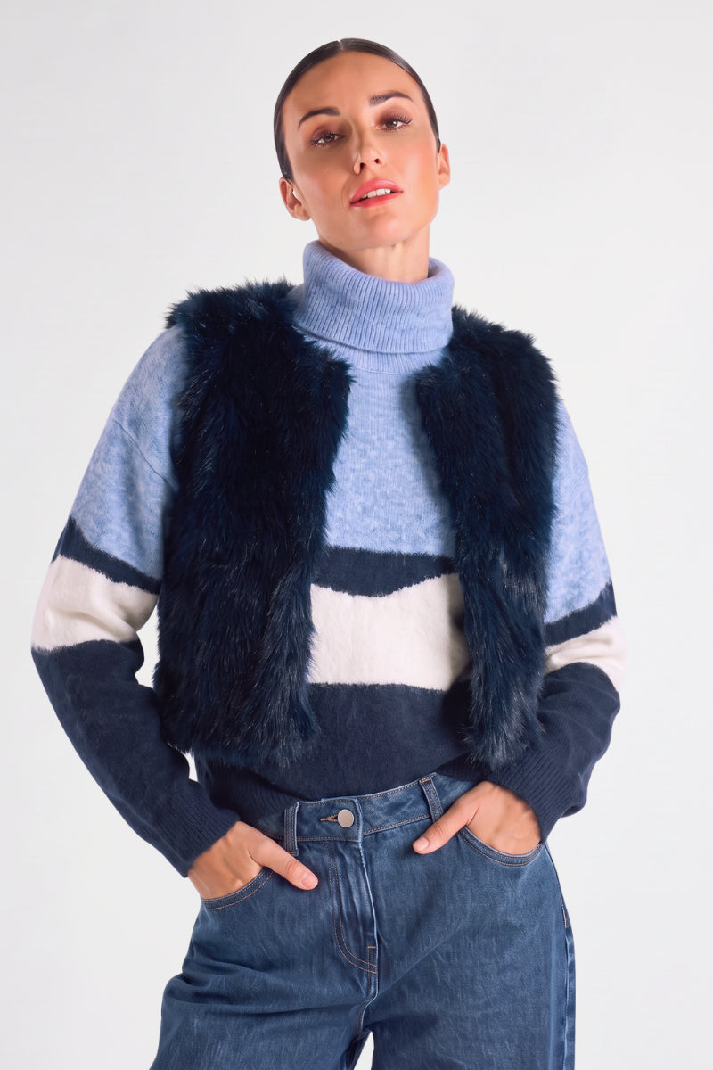 Blue fake fur collarless waistcoat 