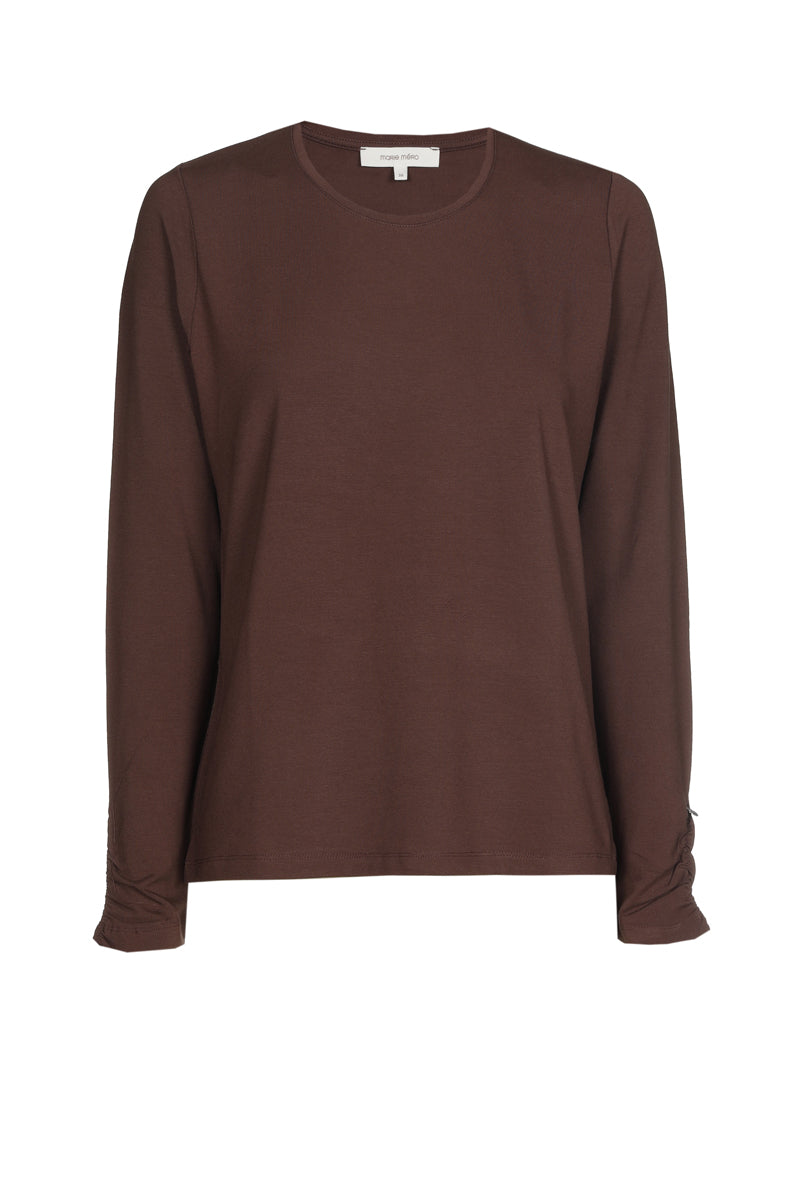 Basic bruine t-shirt met lange gefronste mouw