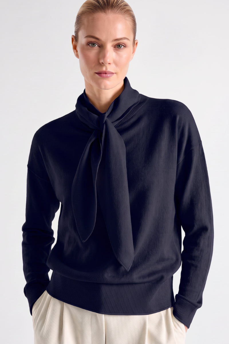 Pull marine coton-cachemire avec col chale 