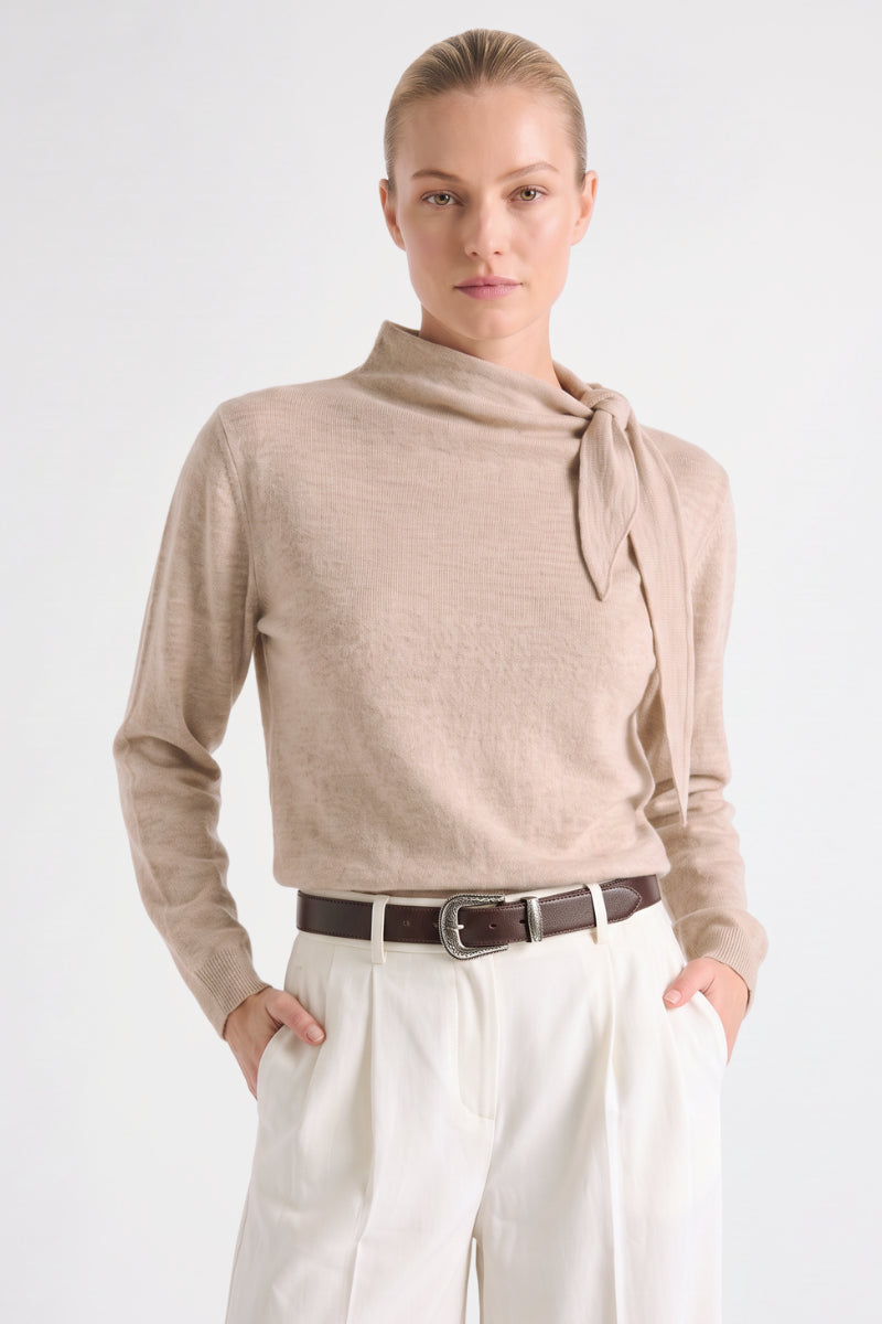 Pull boxy sable laine-mohair avec col écharpe