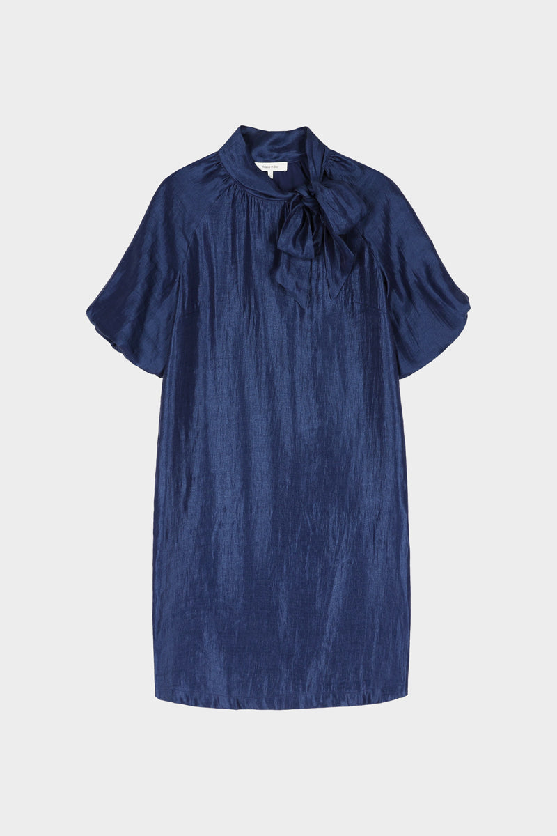 Knee-length navy dress with bow collar and short sleeves