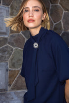 Midnight blue tunic blouse with detachable bow and balloon sleeves
