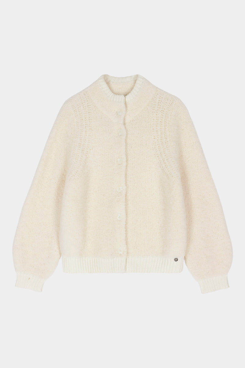 Ecru cape-cardigan met opstaande kraag in wol-alpacamix