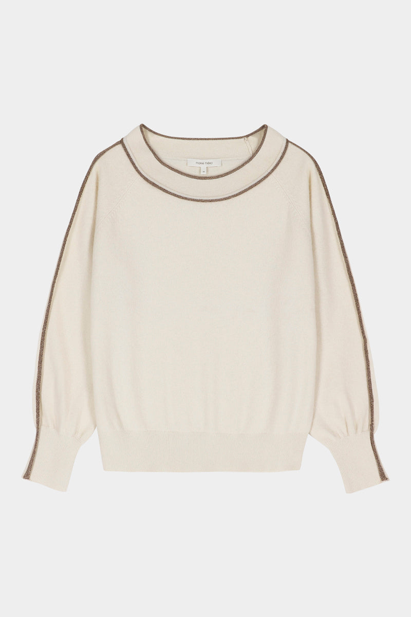 Fine ecru wool-cashmere sweater with bronze-coloured piping