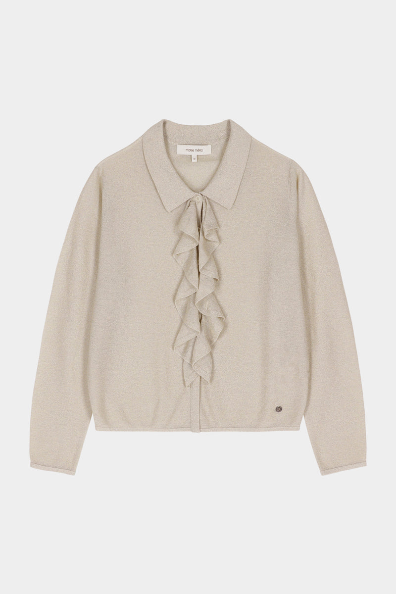Fine beige sweater with ruffles and shimmer