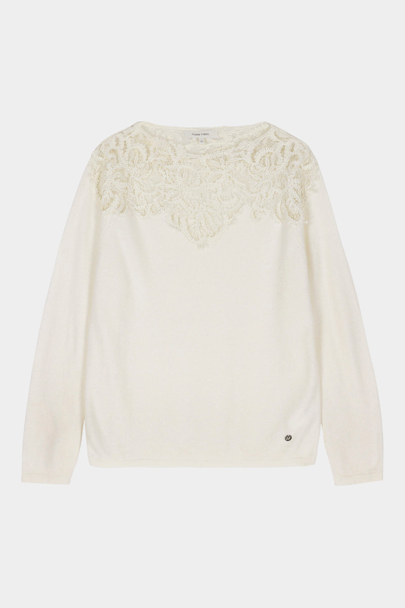 Pull crème doux en laine-cachemire avec finition en dentelle