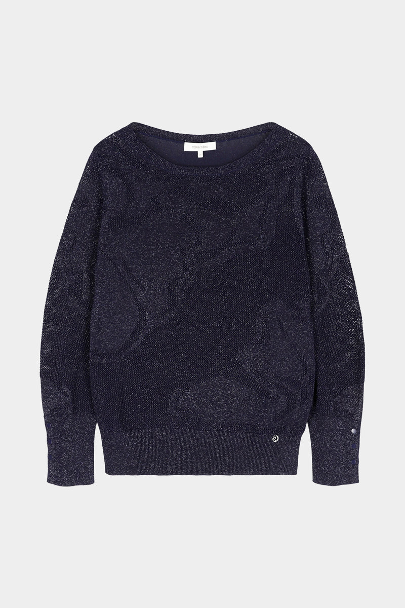 Joli pull bleu marine au motif jacquard avec un effet chatoyant