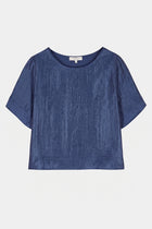 Loose navy tunic blouse with short sleeves