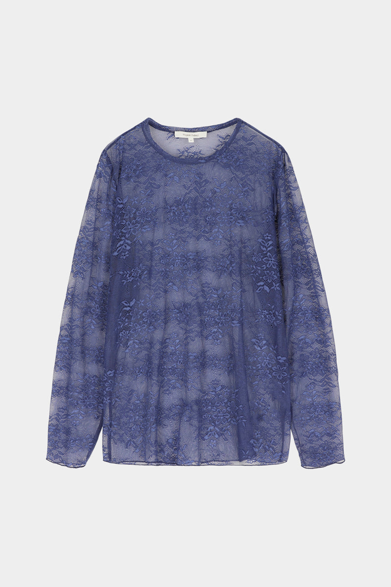 Navy blue long-sleeved lace T-shirt