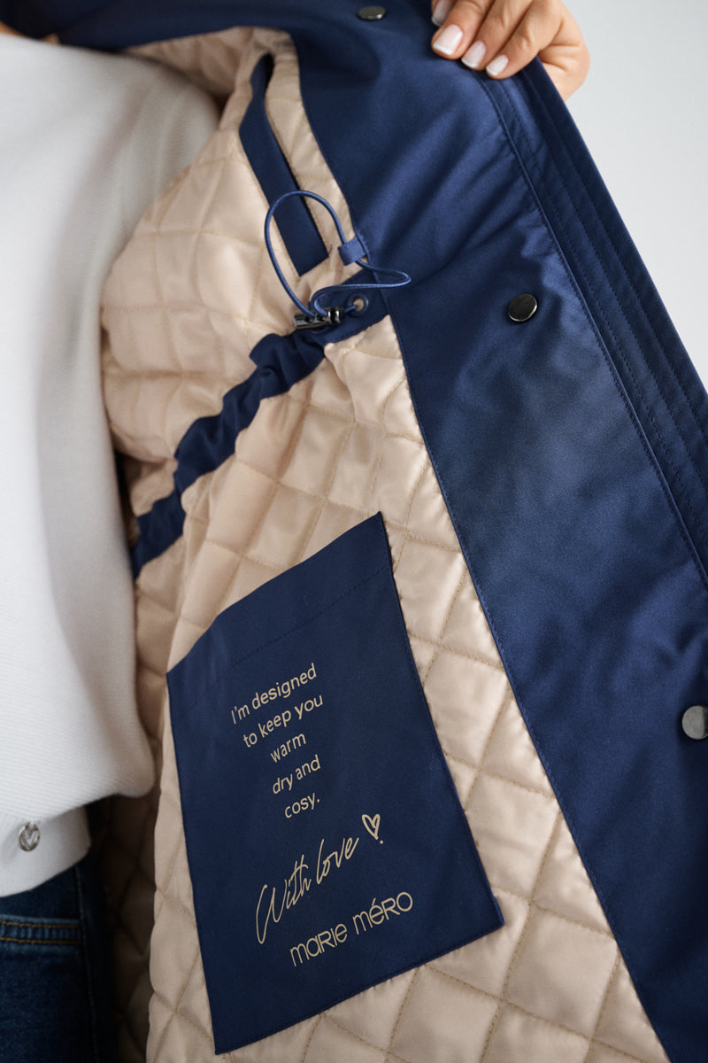 Lange marineblauwe parka met kap