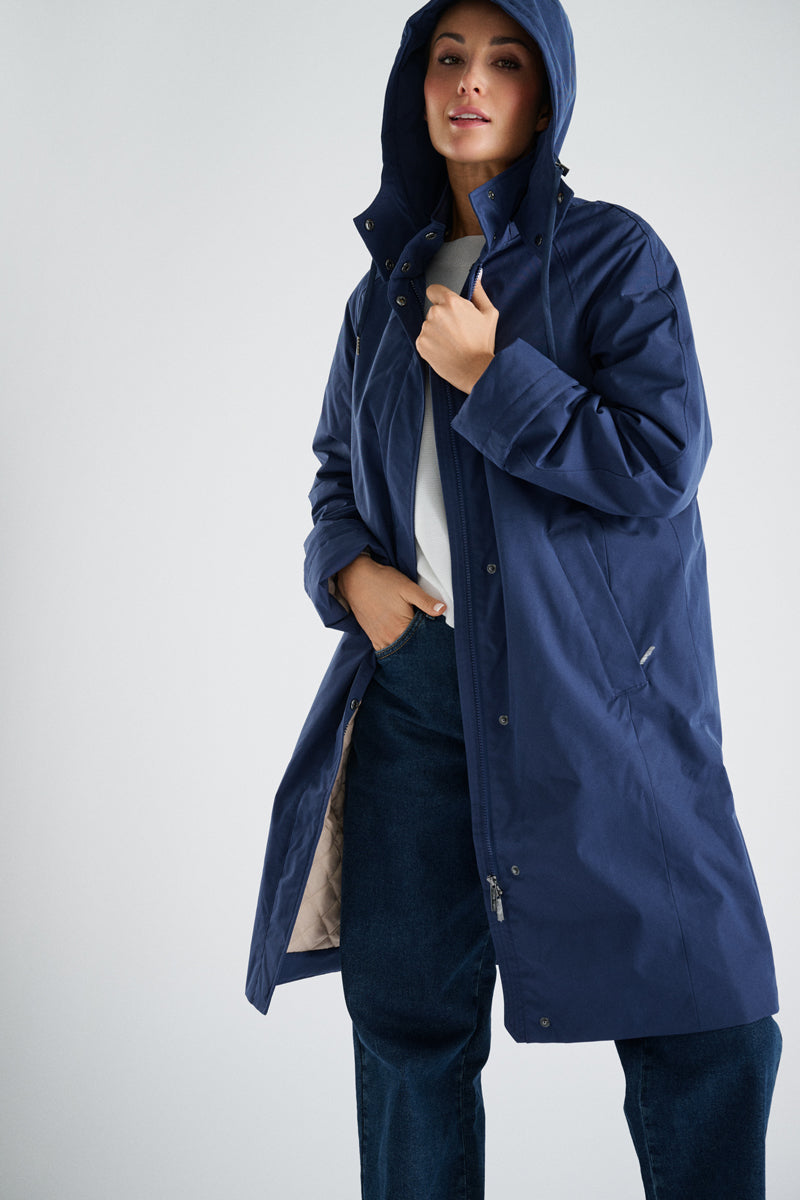 Lange marineblauwe parka met kap