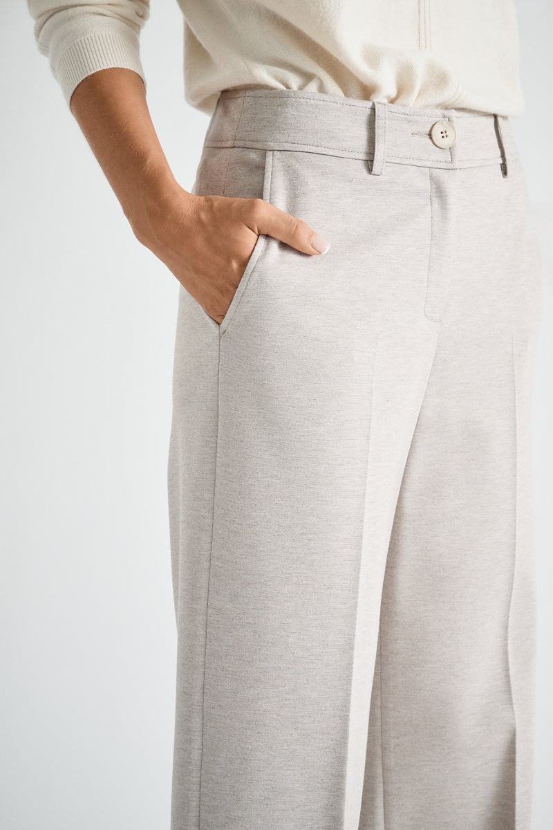 Wide-leg trousers in taupe soft jersey fabric with button fastening