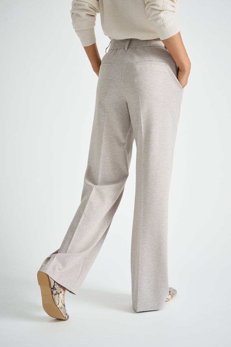 Wide-leg trousers in taupe soft jersey fabric with button fastening